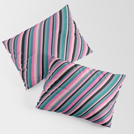 [ Thumbnail: Light Slate Gray, Dark Cyan, Hot Pink, Light Pink, and Black Colored Striped/Lined Pattern Pillow Sham ]