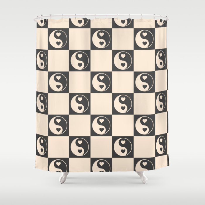 Yin Yang Check, Checkerboard Black and White  Shower Curtain