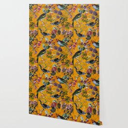Vintage Flowers And Colorful Birds In Exotic Yellow Botanical Garden Wallpaper