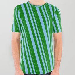 [ Thumbnail: Light Sky Blue & Green Colored Pattern of Stripes All Over Graphic Tee ]