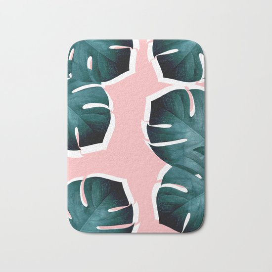 Monstera Leaves on Pink Bath Mat