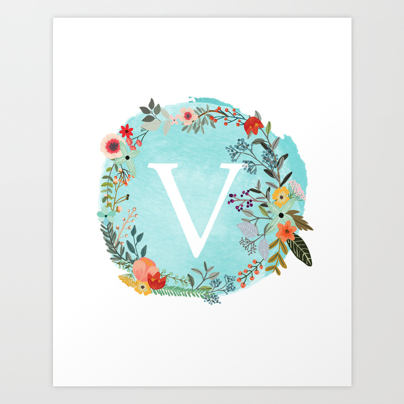 Personalized Monogram Initial Letter V Blue Watercolor Flower Wreath Artwork Art Print By Aba2life Society6
