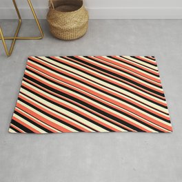 [ Thumbnail: Red, Black & Light Yellow Colored Striped Pattern Rug ]