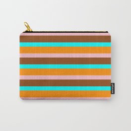 [ Thumbnail: Dark Orange, Pink, Brown & Aqua Colored Lined Pattern Carry-All Pouch ]