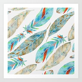 Watercolor Feathers Pattern- Tan & Turquoise  Art Print