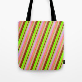 [ Thumbnail: Brown, Chartreuse, Plum & Salmon Colored Stripes Pattern Tote Bag ]
