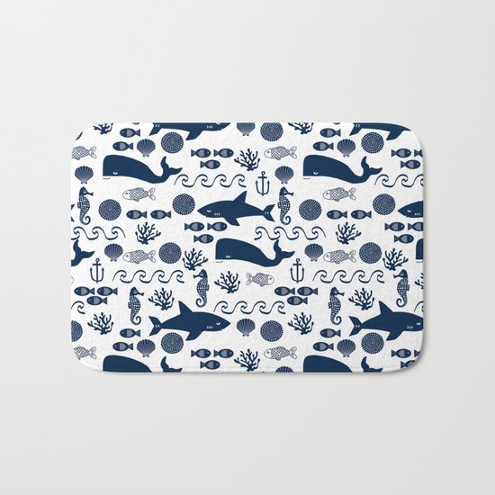 Sealife nautical navy and white modern trendy basic pattern print nursery pattern Bath Mat