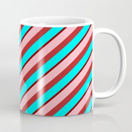 [ Thumbnail: Light Pink, Red, Aqua & Dark Red Colored Stripes/Lines Pattern Coffee Mug ]