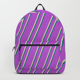 [ Thumbnail: Orchid, Tan & Teal Colored Stripes/Lines Pattern Backpack ]