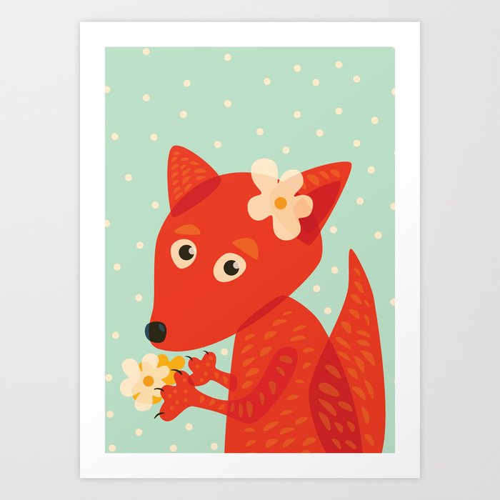 Cute Fox And Flowers Art Print
