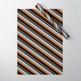[ Thumbnail: Light Sky Blue, Chocolate & Black Colored Lines/Stripes Pattern Wrapping Paper ]
