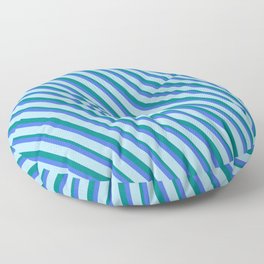 [ Thumbnail: Light Blue, Teal, and Royal Blue Colored Lined Pattern Floor Pillow ]