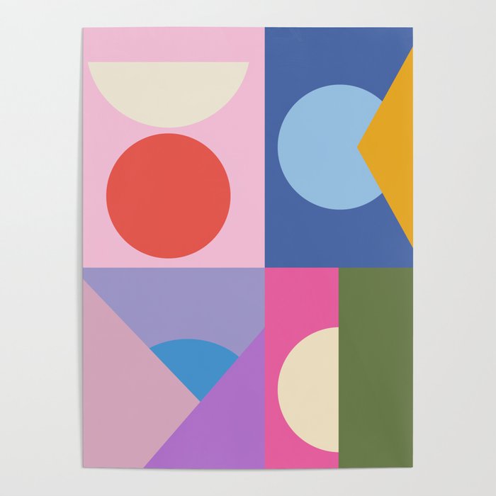 Colorful Bauhaus Style Shape Art in Pink, Blue, Yellow, and Green Poster