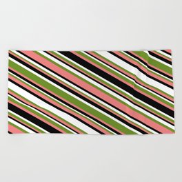 [ Thumbnail: Green, Light Coral, Black & White Colored Lined/Striped Pattern Beach Towel ]