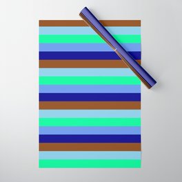 [ Thumbnail: Eyecatching Sky Blue, Green, Cornflower Blue, Dark Blue & Brown Colored Stripes/Lines Pattern Wrapping Paper ]