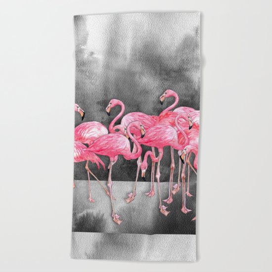 Flamingo Collage in Watercolor and Ink Beach Towel