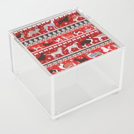 Fluffy and bright fair isle knitting doggie friends // fire brick and fire engine red background brown orange white and grey dog breeds  Acrylic Box