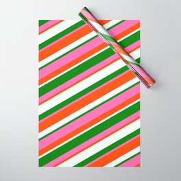 [ Thumbnail: Green, Hot Pink, Red, and Mint Cream Colored Pattern of Stripes Wrapping Paper ]