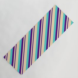 [ Thumbnail: Indigo, Tan, and Turquoise Colored Striped/Lined Pattern Yoga Mat ]