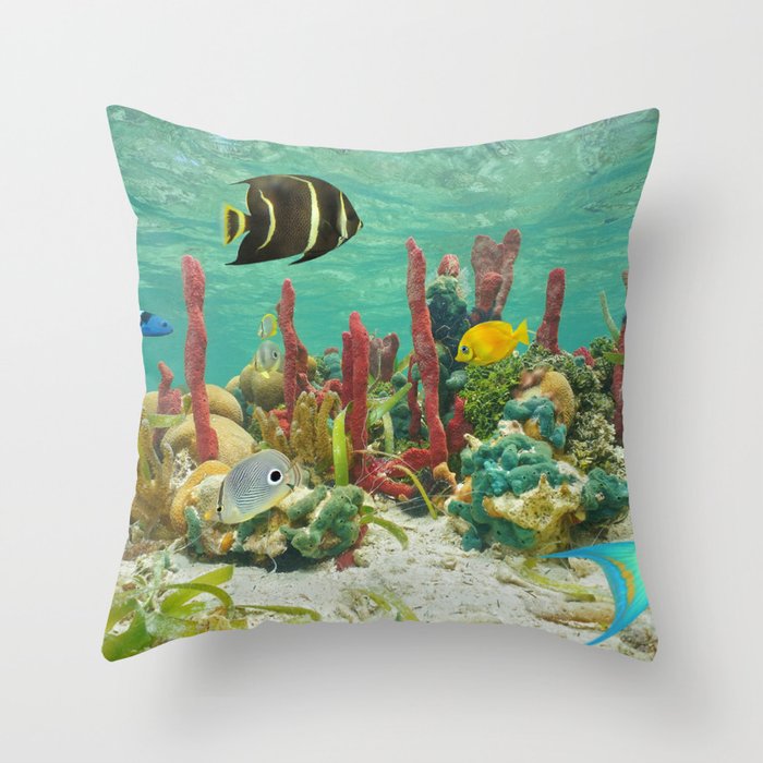 Vivid Fish and Coral Reef Caribbean Sea Water - Marine Life / Animal / Wildlife / Nature Photograph Throw Pillow and More