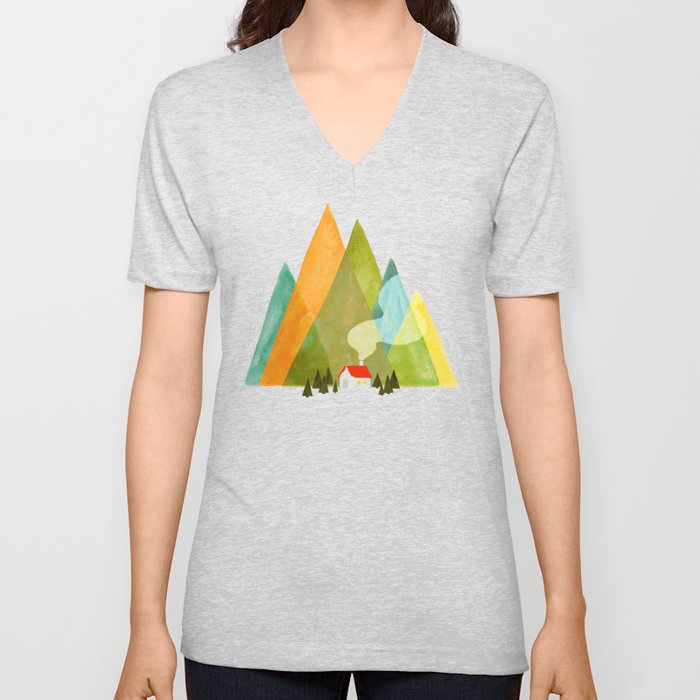 House at the foot of the mountains V Neck T Shirt