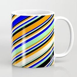 [ Thumbnail: Vibrant Dark Orange, Beige, Blue, Green, and Black Colored Lines/Stripes Pattern Coffee Mug ]
