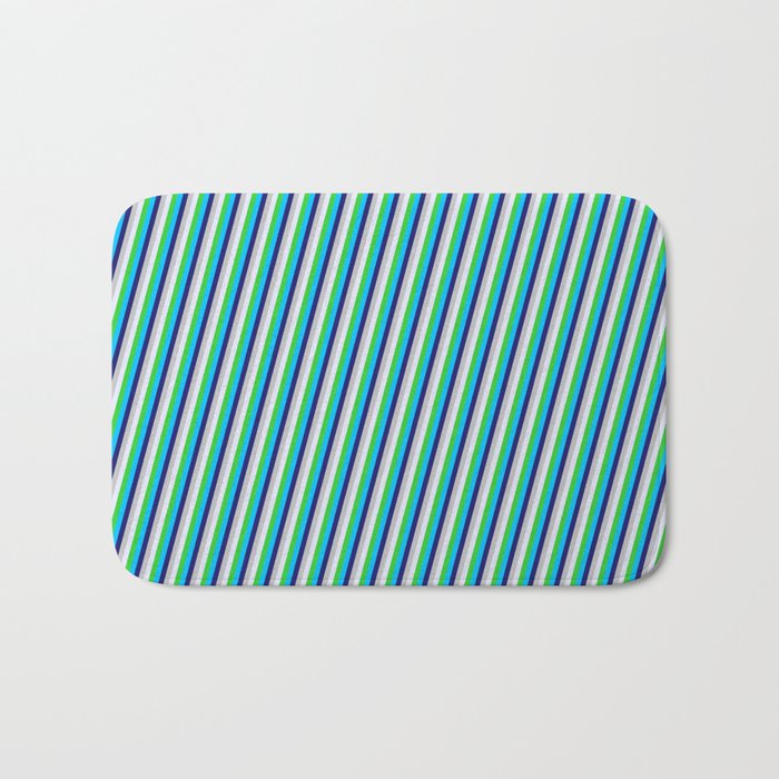 Deep Sky Blue, Midnight Blue, Grey, Lavender, and Lime Green Colored Stripes Pattern Bath Mat
