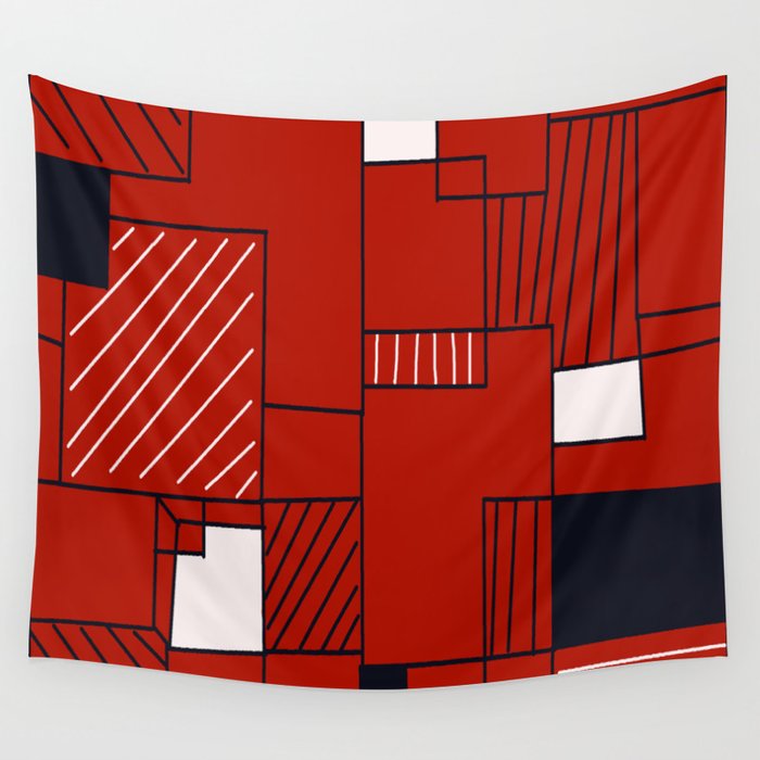 Black, Red, and White Geometric Blocks Wall Tapestry
