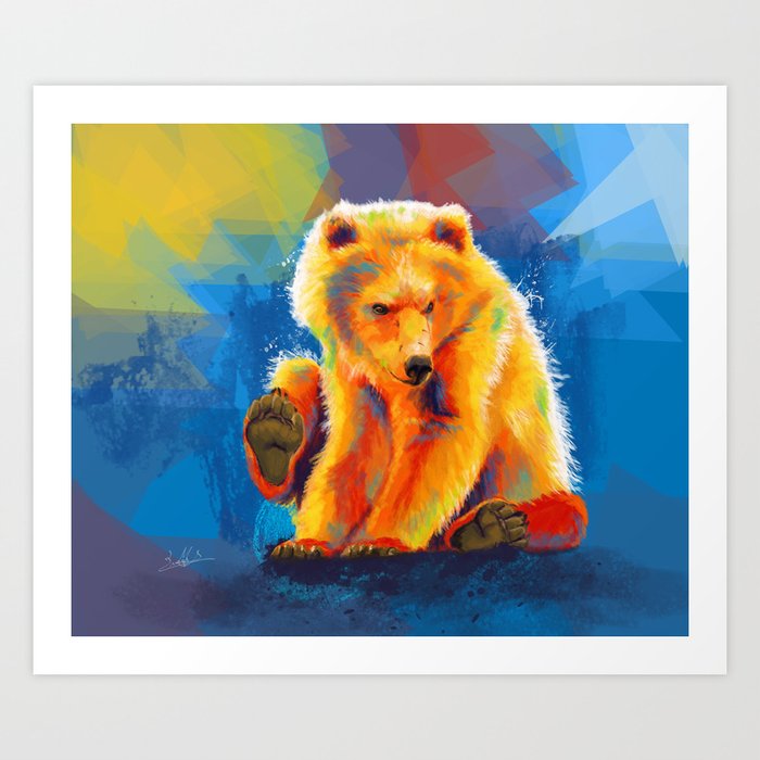 Play with a Bear - Animal digital painting, colorful illustration Art Print
