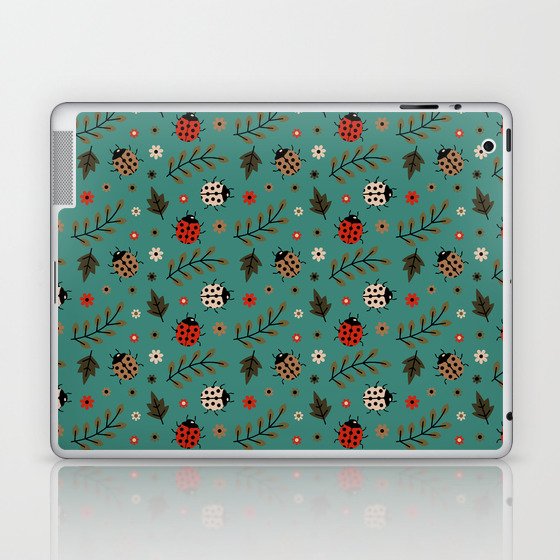 Ladybug and Floral Seamless Pattern on Green Blue Background Laptop & iPad Skin