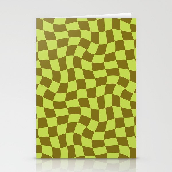 Warped Checkerboard (Lime Green & Brown) Stationery Cards