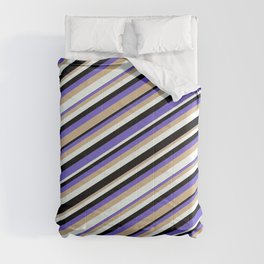 [ Thumbnail: Black, Slate Blue, Tan, and Mint Cream Colored Stripes Pattern Comforter ]