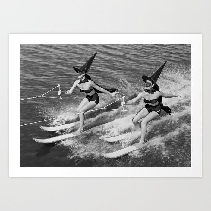 WaterSkiing Witches, Halloween, Black and White Vintage Art Art Print