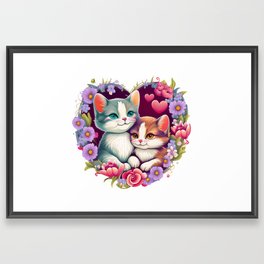 Feline Love: Designing Two Adorable Cats with Roses in a Heart Shape Framed Art Print