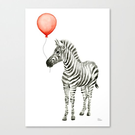 Baby Zebra Whimsical Animal with Red Balloon Nursery Art Canvas Print