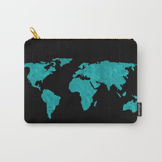 Teal Cyan Metallic Foil Map on Black Carry-All Pouch