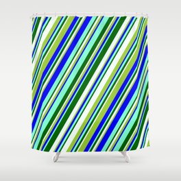 [ Thumbnail: Eyecatching Green, Blue, Aquamarine, Dark Green, and Mint Cream Colored Stripes Pattern Shower Curtain ]