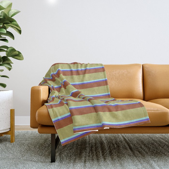 Slate Blue, Sienna, Dark Khaki & Turquoise Colored Stripes Pattern Throw Blanket