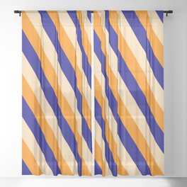 [ Thumbnail: Tan, Dark Orange, and Blue Colored Lined Pattern Sheer Curtain ]