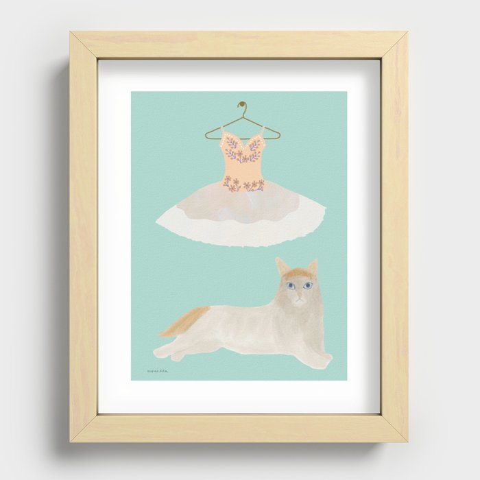 Cat and Ballet Tutu - White and Pink and Mint Recessed Framed Print