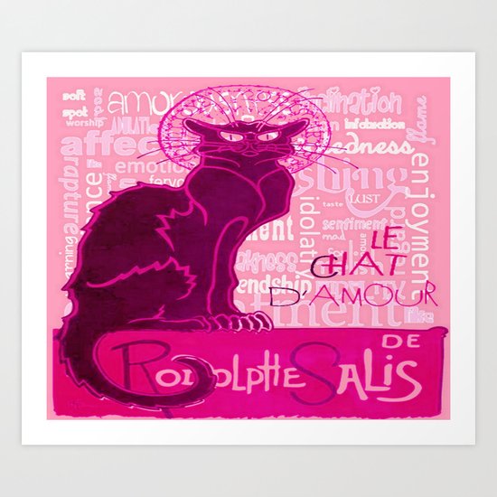 Le Chat D'Amour In Pink With Words of Love Art Print