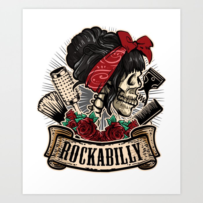 Rockabilly Skull Pin-Up Girl Hairdresser Art Print by NiceTeee