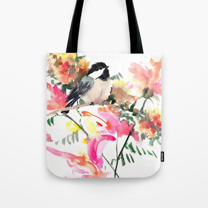 Chickadee bird art design, Birds and Flowers Tote Bag