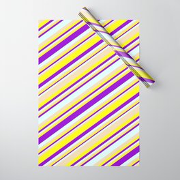 [ Thumbnail: Tan, Yellow, Dark Violet & Light Cyan Colored Striped Pattern Wrapping Paper ]