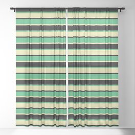 [ Thumbnail: Sea Green, Pale Goldenrod & Black Colored Lines Pattern Sheer Curtain ]