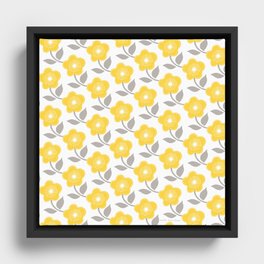 Yellow Grey White All Over Flower Pattern Framed Canvas