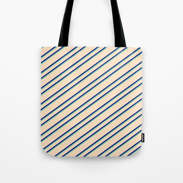 Bisque, Blue, and Aquamarine Colored Lines Pattern Tote Bag