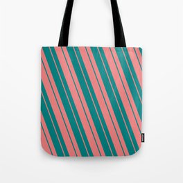 [ Thumbnail: Light Coral & Teal Colored Striped/Lined Pattern Tote Bag ]