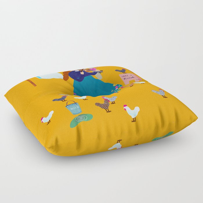 Girl Serenading Chickens Floor Pillow