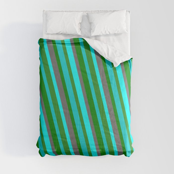 Colorful Dim Gray, Cyan, Forest Green, Dark Turquoise, and Green Colored Lined/Striped Pattern Comforter